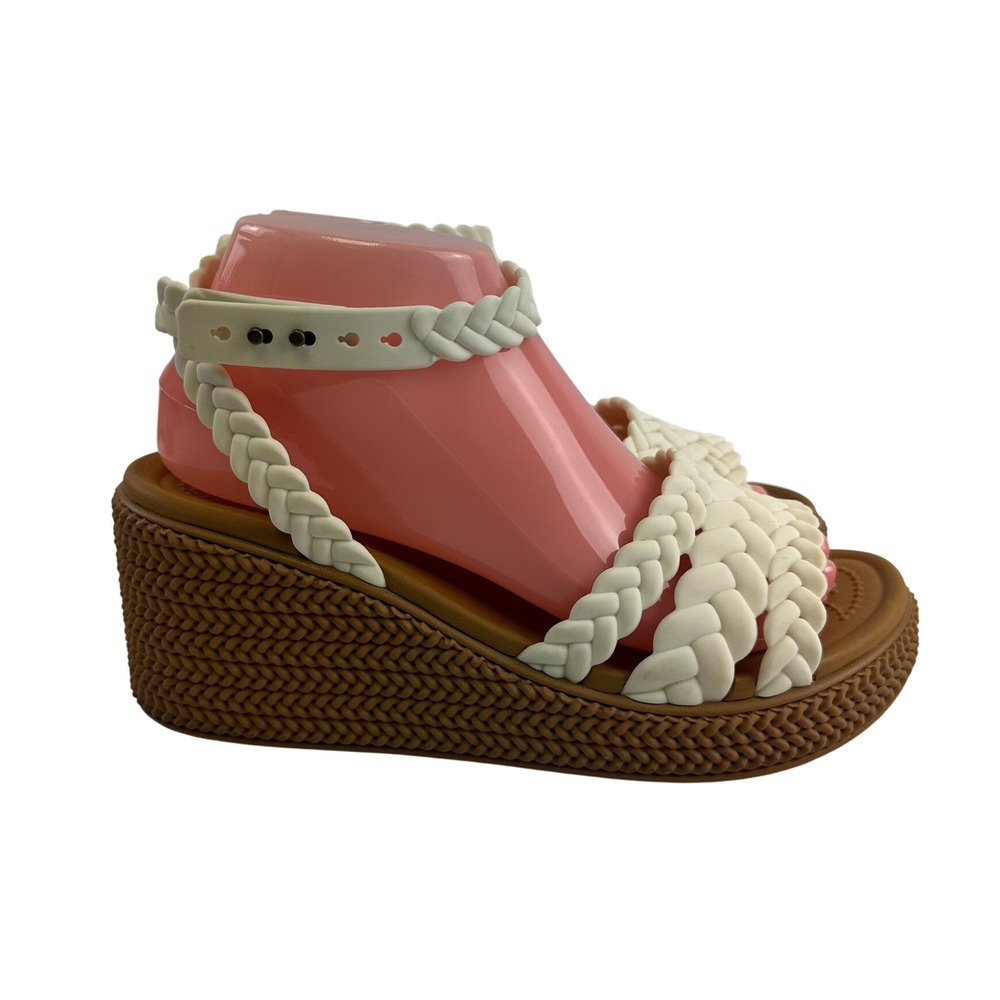 Crocs Brooklyn Woven Wedge Platform Sandal White Tan Braided Ankle Strap Women 7